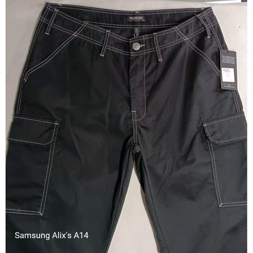 True Religion Cargo Pants Jet Black White Stitch 108335R Mens Size 36